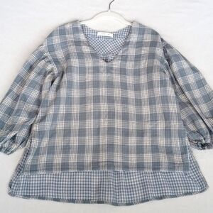 Mustard Seed Women's Blue White Plaid 3/4 Puff Sleeve High Low Blouse S